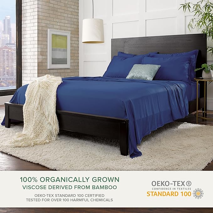 Pure Bamboo Split King Sheets, Genuine 100% Organic Viscose Derived from Bamboo Bed Sheet Set, Soft & Cooling, Double Stitching, 2 Fitted Sheets (Split King, Cobalt Blue)