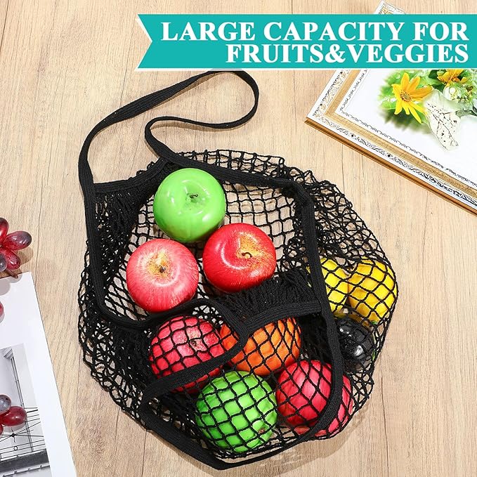 Shappy 16 Pcs Reusable Grocery Bags Mesh Produce Bags Washable Cotton Mesh Tote with Handles for Fruit Vegetable Shopping Storage Market(Black)