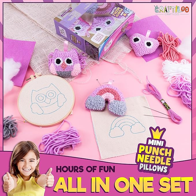 CRAFTILOO 3Pcs of Embroidery Punch Needle kit for Kids Mini Pillows Googly Heart Owl Rainbow Needlepoint Craft Embroidery Pen Needle Punch Kit Art Punch Needle Yarn