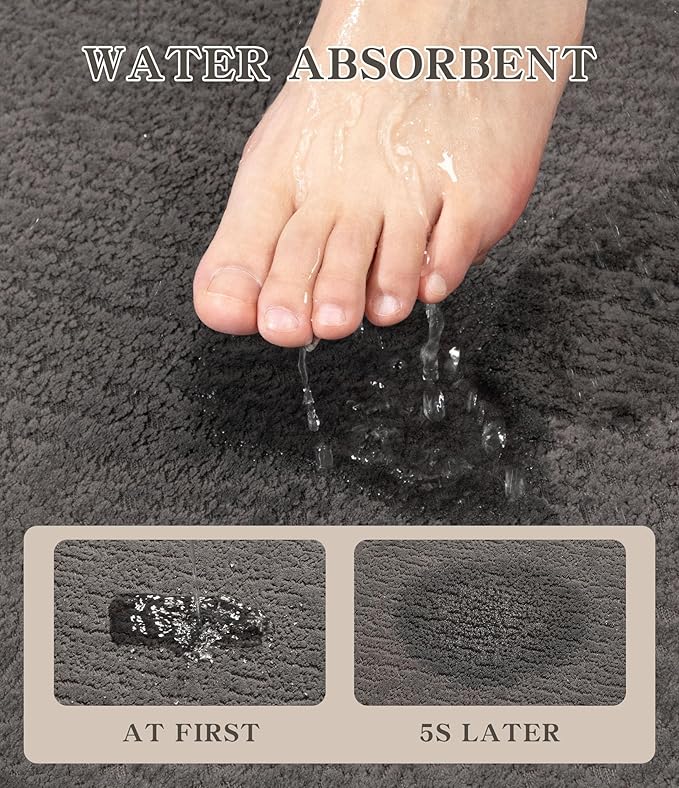 Chakme 2 Piece Bathroom Rug Sets, Ultra Thin Bath Mat Quick Dry, Absorbent, Non Slip, Machine Washable, Dark Grey, 17" x 24"