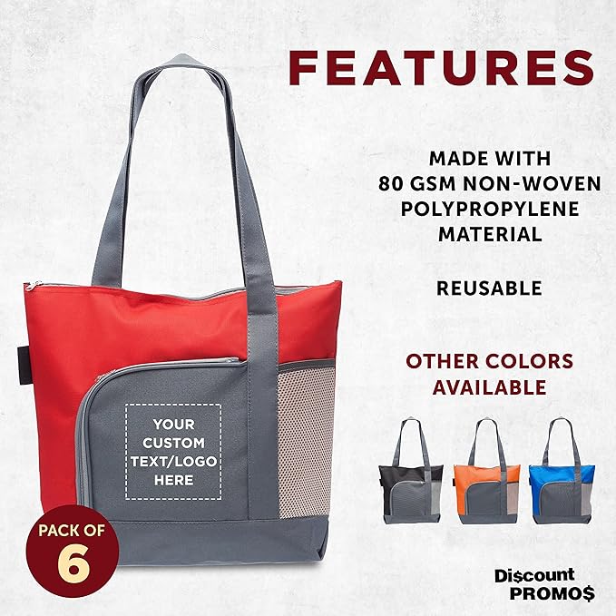 DISCOUNT PROMOS Custom Go Getter Sport Tote Beach Bags Set of 6, Personalized Bulk Pack - Reusable, Great for Shopping, Beach, Picnic, Other Outdoor Adventure - Red