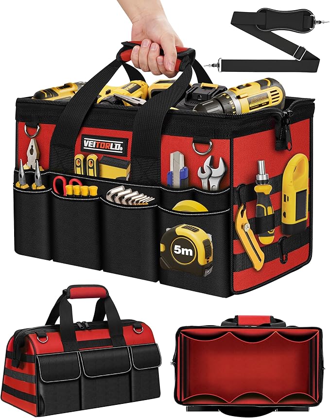 16-Inch Heavy Duty Tool Bag, 19-Pockets Tool Box Organizer, Portable Toolbag W/Soft Handle for Organized Storage, Mechanic Gifts for Him Men Husband Valentines Day, Wide Mouth Electrician Toolbox, Red