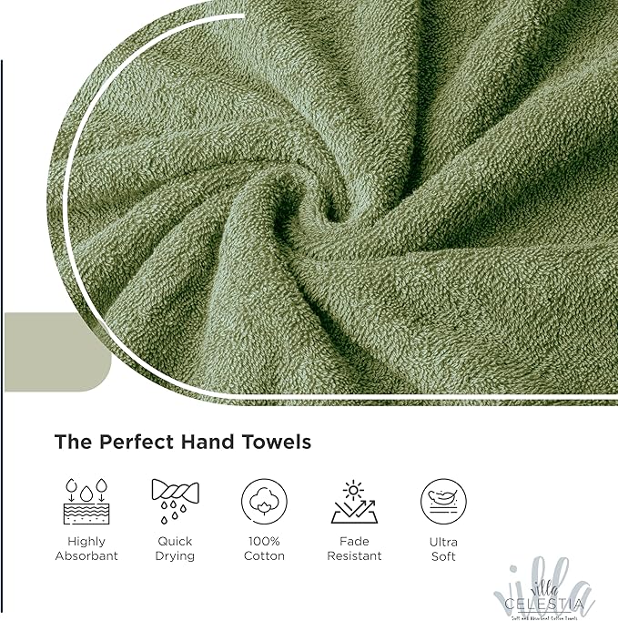 Villa Celestia 100% Cotton Hand Towel Set of 4, (16 x 28 inches) Sustainable, Soft, Highly Absorbent, Quick Drying, Combed Cotton Hand Towels Pack of 4 Ideal for Hotels, Spa, Bathroom, Dorm, Sage