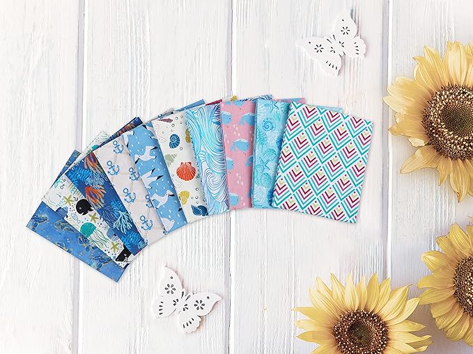 Craftido -25 Options- 100% Cotton Quilting Fabric Bundles 10pcs Fat Quarters 18”x21”-Medium Weight 5.2 oz- Soft Cotton for Quilting, Sewing Project, Patchwork, DIY Crafts – Blue Sea