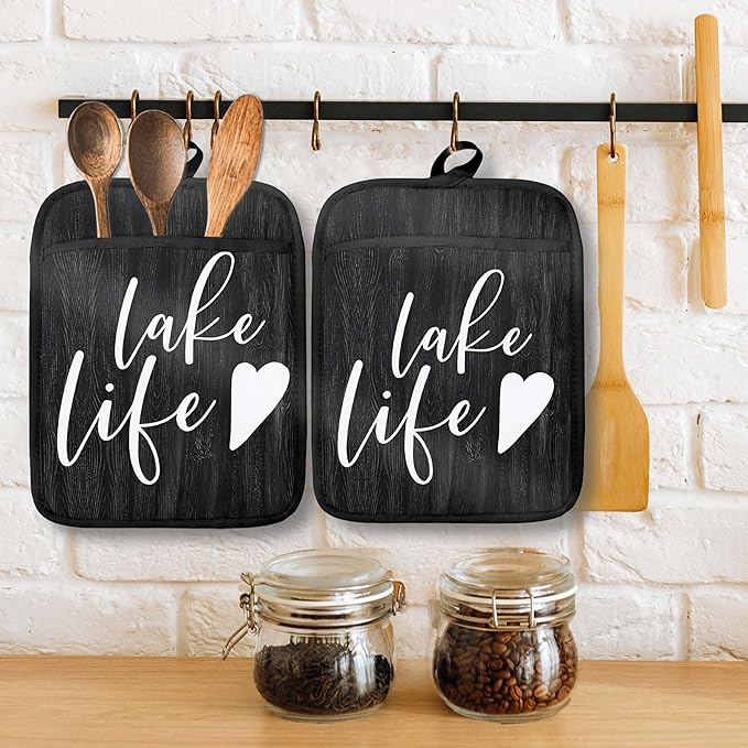 Lake Life Gifts Pot Holders with Pockets, Lake Life House Gifts for Cabin Owners Women Oven Pot Holders Heat Resistant Oven Mitts Hot Pads for Kitchen Baking Cooking (Black)