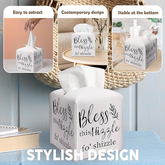 Leather Decorative Tissue Box Cover Square, Tissue Box Cover Holder with Belt Bottom, Positive Quote Gift Ideas for Friends, Bless This Hizzle Decor for Bathroom Office-(5.2 Inches)