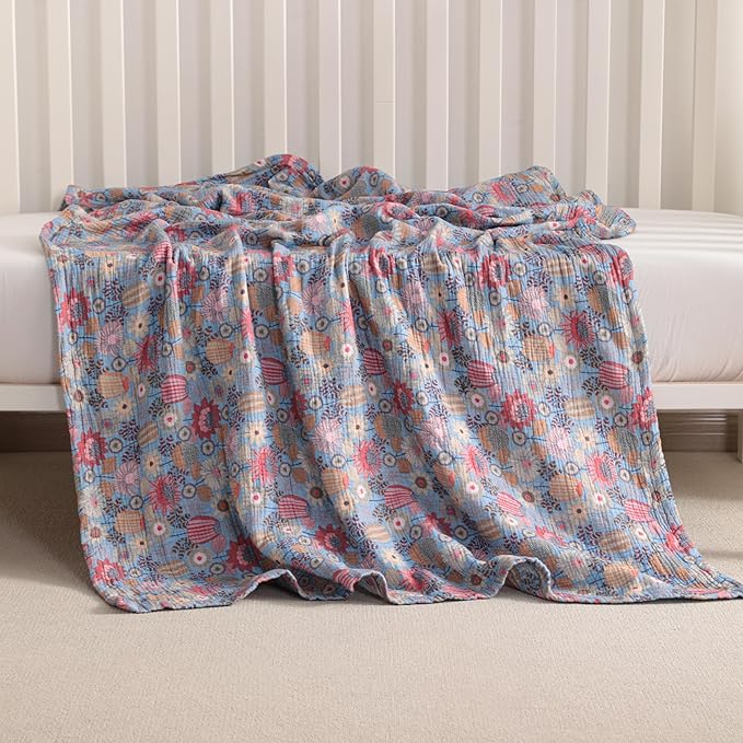 NTBAY 2 Layer Muslin Cotton Baby Swaddle Blanket, 30x40 Soft and Breathable Receiving for Newborns and Infants, Perfect for Crib, Stroller, Travel, Lightweight Nursery Blanket, Boho Flower