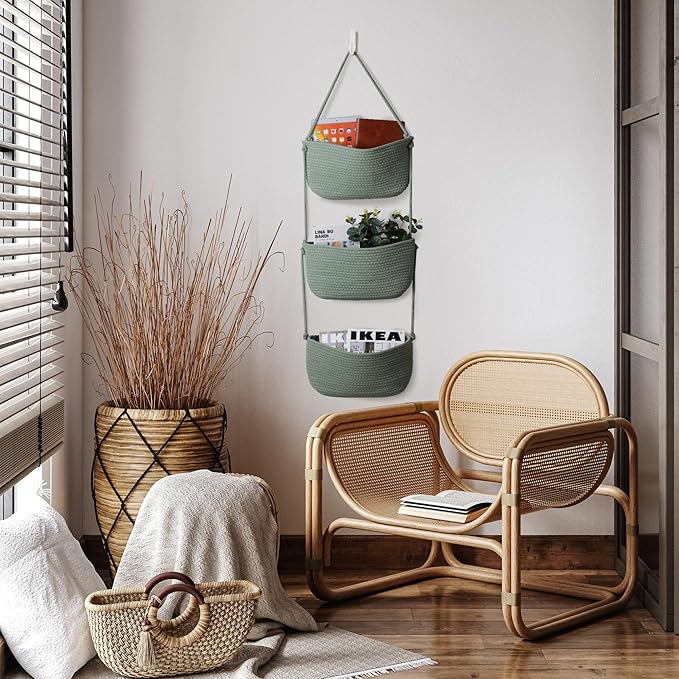 Over The Door Organizer Hanging Basket for Nursery Decor Stuffed Animal Storage Baskets Boho Wall Decor Basket for Bathroom Bedroom Playroom - Green