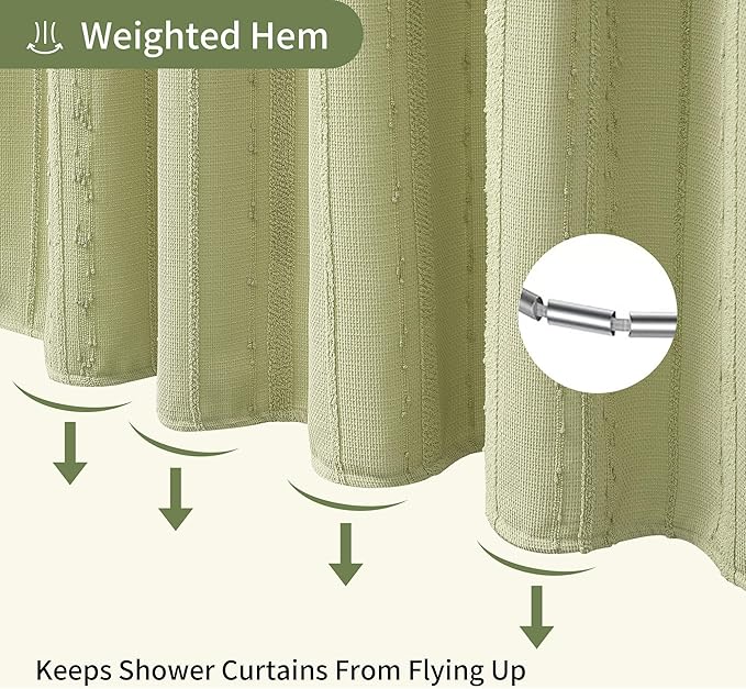 Lameirose Sage Green Shower Curtain Boho, Cotton Blend Waffle Shower Curtain Farmhouse, Fabric Shower Curtains for Bathroom, Hotel, Washable 72 x 72