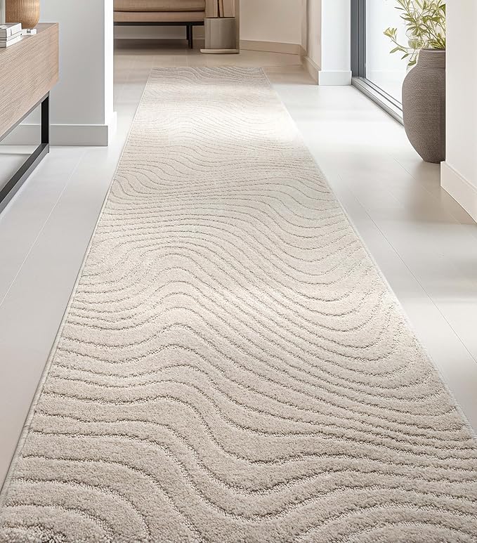 Well Woven Custom Size Hallway Stair Runner - Choose Your Length - 27 Inches Wide x 18 Feet Long Runner (27" x 18' Runner) Rug - Ivory Sibi Soft Touch, Modern Abstract - Hi-Lo Pile