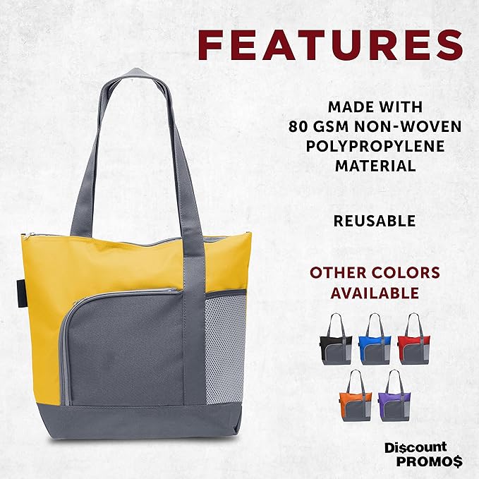 DISCOUNT PROMOS Go Getter Sport Tote Beach Bags Set of 6, Bulk Pack - Reusable, Great for Shopping, Beach, Picnic, Other Outdoor Adventure - Yellow