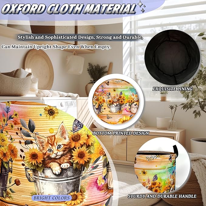 Cute Cats Sunflower Laundry Basket Oxford Cloth Animals Flower Funny Laundry Hamper With Handle Portable Clothes Storage Basket Foldable Laundry Bag 18.9"x16.5" For Laundry Room/Bedroom/Bathrooms