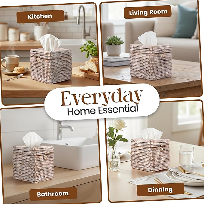Whitewash Rattan Tissue Box Cover – 5.5x5.5x5.9 Inch - Stylish Handwoven Tissue Holder with Lid - Ideal for Bathroom Vanity, Bedroom, or Living Room Home Accent