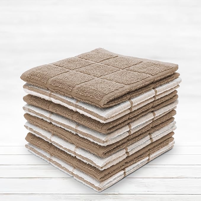 Mellow Buff 100% Cotton Terry Dish Cloth & Dish Towel, 6 Pack, Super Soft and Absorbent Kitchen Towels, Perfect for Kitchen Cleaning and Dish Washing (TAN (Solid and Checks) 8 Pack)