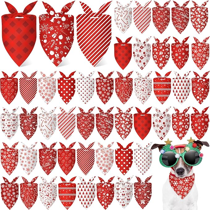 Abbylike 50 Pcs Valentines Day Dog Bandanas Bulk Red and White Polka Dots Stripes Bandanas for Dogs Triangle Kerchief Bibs Scarf for Pet Romantic Costume Photo Props Accessories(25.6 x 17.7 x 17.7)