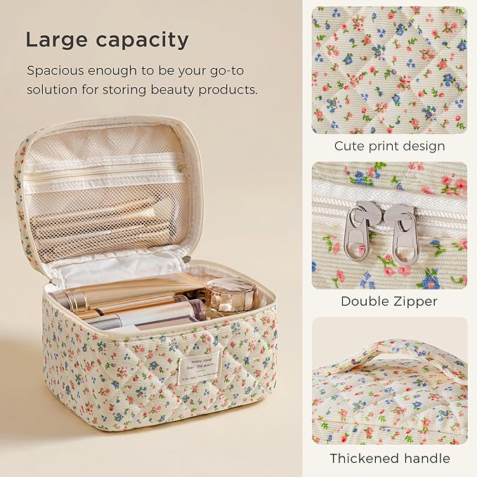 HBselect Christmas Gifts Large Quilted Makeup Bag, Cute Cotton Travel Makeup Bag with Handle, Portable Coquette Floral Make up Bags, Toiletry Organizer Make up Bags for Women Teen Girls Mom