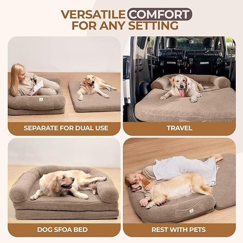 2 in 1 Human Dog Bed for Adult Foldable – Waterproof, Orthopedic Foam, Machine Washable Sherpa Cover, Non-Slip Base - Human Size Dog Bed (Almond Brown, 72x44x11)