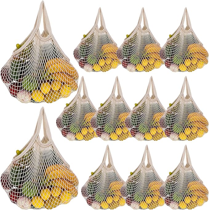 wutfuooo 12 Pieces Reusable Mesh Grocery Bags Portable Cotton Produce Containers Washable Net Mesh Reusable Tote Bag with Handle String Shopping Organizer for Fruit Vegetable Shopping Storage Market