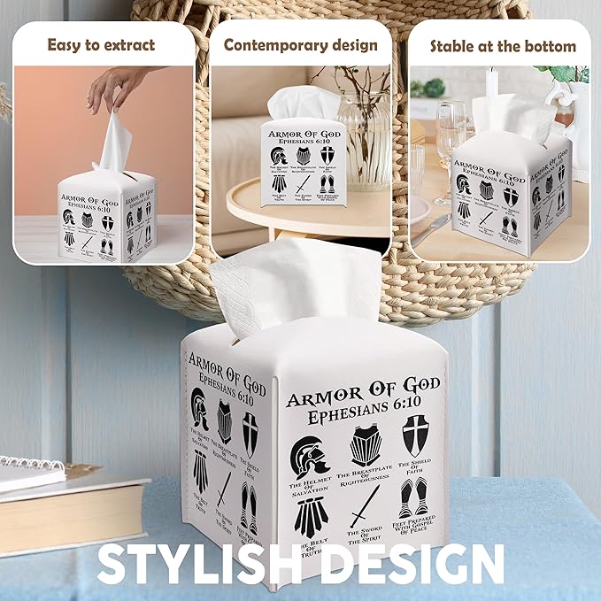 Christian Decorative Tissue Box Cover Square, Leather Tissue Box Dispenser, Bible Verse Inspirational Gift Ideas for Friends, Armor of God, Bathroom Office Desk Decor-(5.2 Inches)