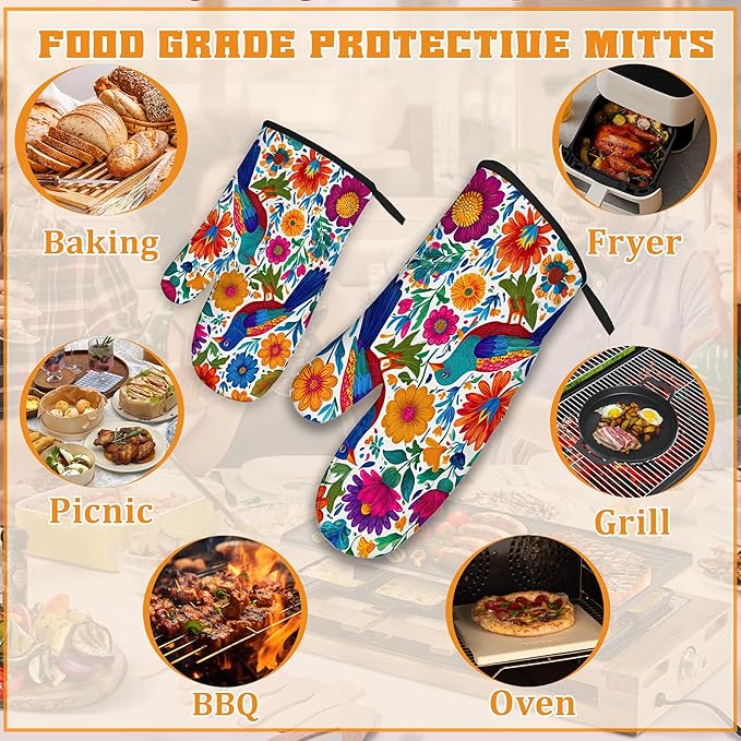 Colorful Bird Oven Mitts and Pot Holders,Flowers Mexican Style Heat Resistant Oven Mitts Gloves and Pot Holder for Home Kitchen Decorations Cooking Baking BBQ Gifts,Set of 4