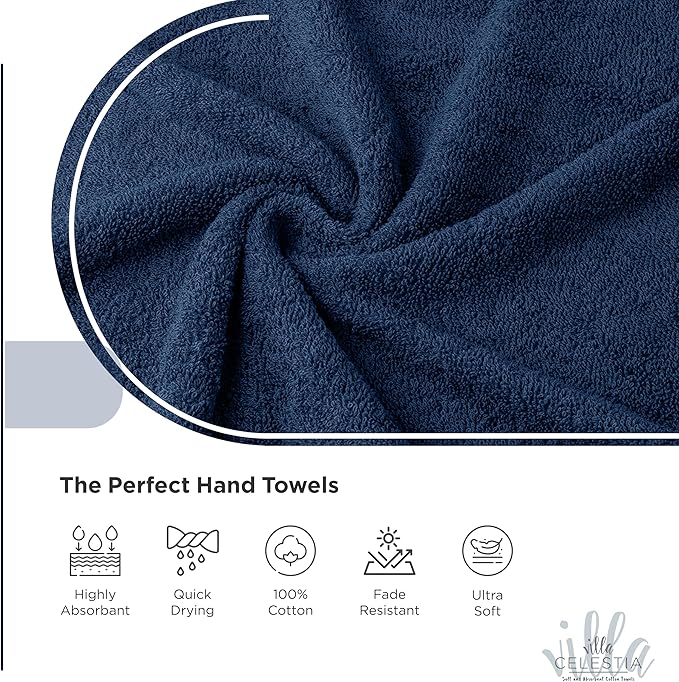 Villa Celestia 100% Cotton Hand Towel Set of 4, (16 x 28 inches) Sustainable, Soft, Highly Absorbent, Quick Drying, Combed Cotton Hand Towels Pack of 4 Ideal for Hotels, Spa, Bathroom, Dorm, Navy Blue