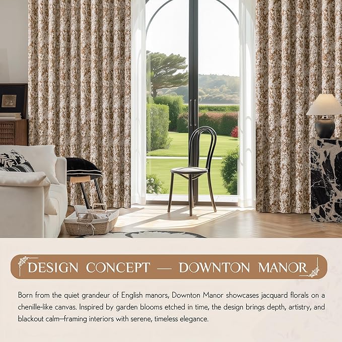 Beauoop Brown Floral Jacquard Blackout Curtains 63 Inches Long 2 Panels for Bedroom Living Room Chenille Flower Room Darkening Thermal Insulated Soundproof Grommet Window Treatments Drapes, 52x63