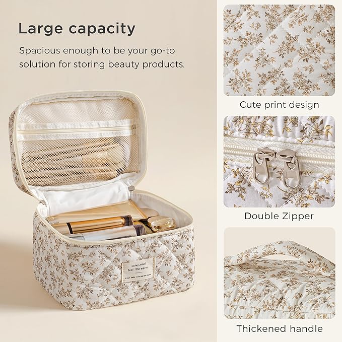 HBselect Christmas Gifts Large Quilted Makeup Bag, Cute Cotton Travel Makeup Bag with Handle, Portable Coquette Floral Make up Bags, Toiletry Organizer Make up Bags for Women Teen Girls Mom