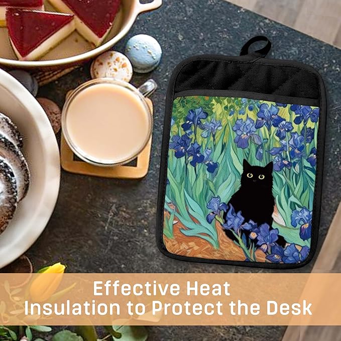 Irises Floral Black Cat Pot Holders with Pockets, Cat Kitchen Decor, Whimsical Flower Field Black Kitten Oven Pot Holders Heat Resistant Oven Mitts Hot Pads for Kitchen Baking Cooking