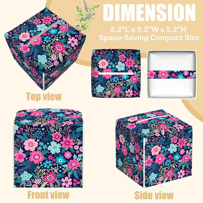 BLYKVGHQ Square Tissue Box Cover Colorful Flowers and Leaves Tissue Box Holder Facial Cube Paper Dispenser Leather Decorative Organizer Home Office Desk Decor, 5.2"x5.2"x5.2"