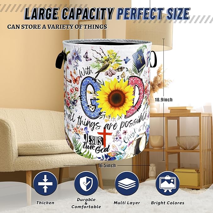 Christian Laundry Hamper Foldable Oxford Cloth Funny Jesus Faith God Laundry Basket With Handle Portable Clothes Storage Basket Religious Laundry Bag 18.9"x16.5" For Laundry Room/Bedroom/Bathrooms