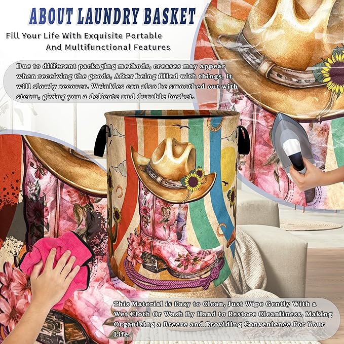 Retro Western Cowboy Hat Boots Laundry Hamper Oxford Cloth Hippie Laundry Basket With Handle Portable Clothes Storage Basket Foldable Funny Laundry Bag 18.9"x16.5" For Laundry Room/Bedroom/Bathrooms