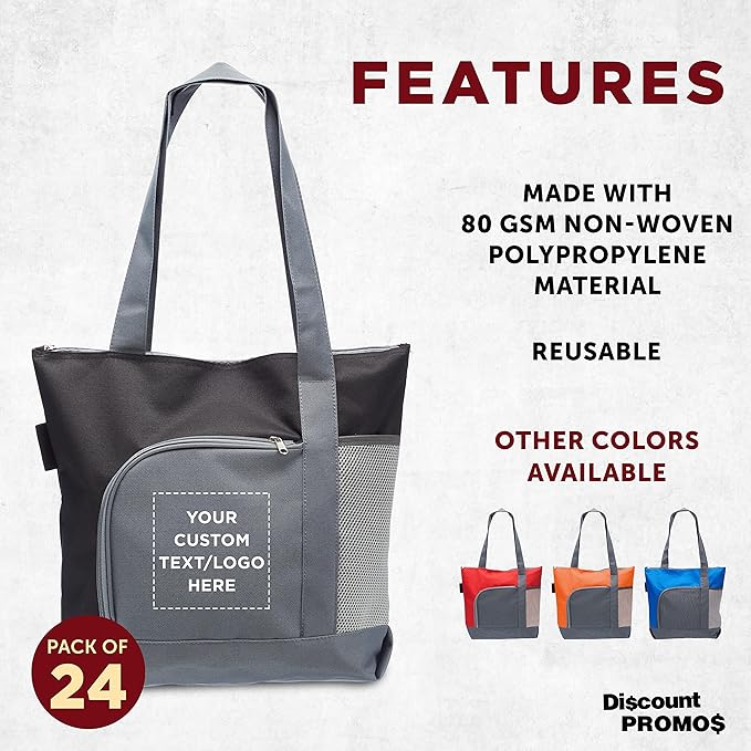 DISCOUNT PROMOS Custom Go Getter Sport Tote Beach Bags Set of 24, Personalized Bulk Pack - Reusable, Great for Shopping, Beach, Picnic, Other Outdoor Adventure - Black