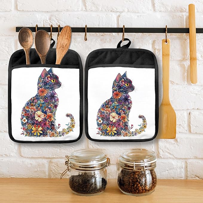 Flower Cat Pot Holders with Pockets, Cat Kitchen Decor, Aesthetic Floral Kitten Kitty Oven Pot Holders Heat Resistant Oven Mitts Hot Pads for Kitchen Baking Cooking