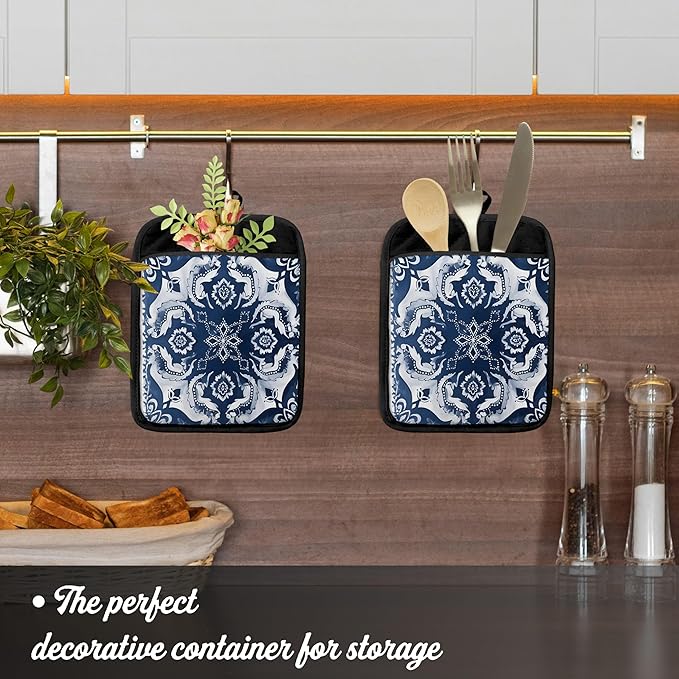 Blue and White Chinoiserie Floral Pot Holders with Pockets, Blue Floral Pot Holders Heat Resistant Oven Mitts Hot Pads for Kitchen Baking Cooking,Potholders for Kitchens