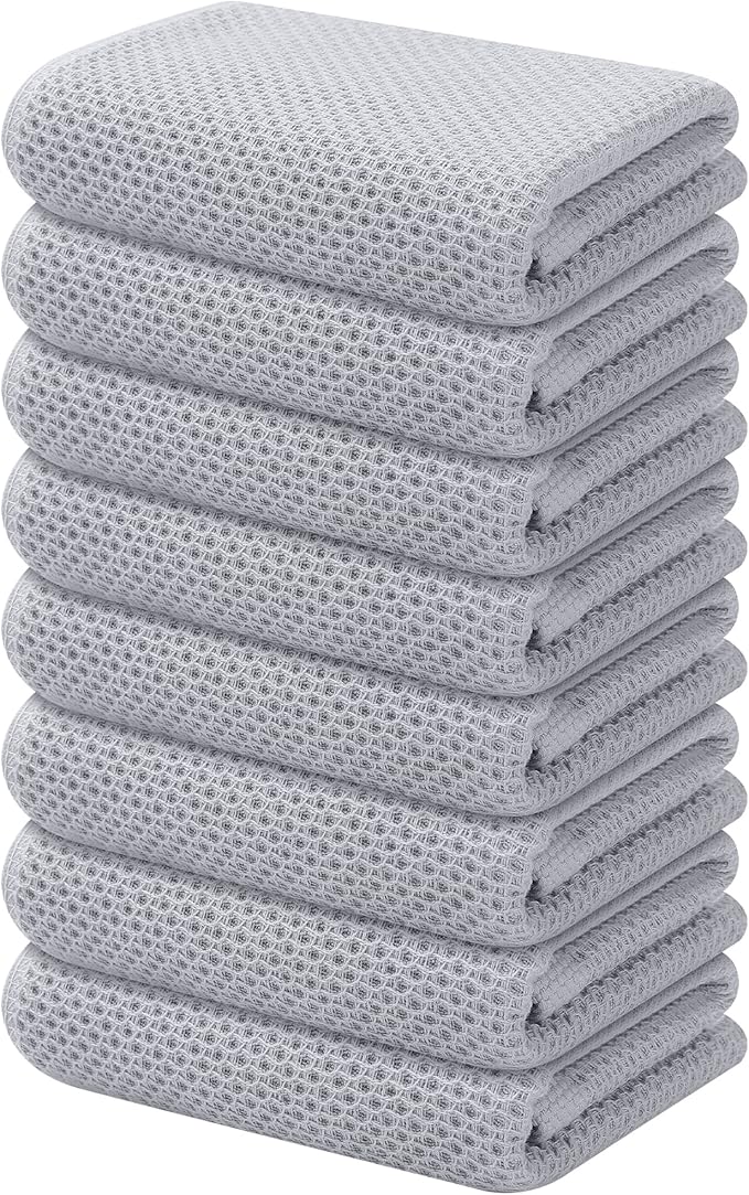 Kitinjoy 100% Cotton Waffle Weave Kitchen Towels, 8-Pack Super Soft and Absorbent Dish Towels for Drying Dishes, Kitchen Hand Towels, 13 in x 28 in, Light Grey