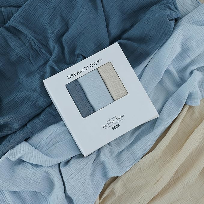 Dreamology Muslin Swaddle Blankets Boy,Girl,100% Cotton Swaddle Blankets,3 Pack,Receiving Blanket for Unisex, Soft, Breathable Swaddle Blanket,Large 44 x 44 inch Cotton Blanket | Blue,Light Blue,Ecru