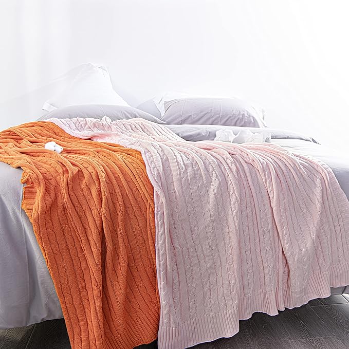 NTBAY 100% Pure Cotton Oversize (60x80) Cable Knit Throw Blanket, Super Soft Warm Knitted Throw Blanket for Bed, Sofa, Chair, Couch - Extra Cozy, Machine Washable, Comfortable Home Decor, Baby Pink