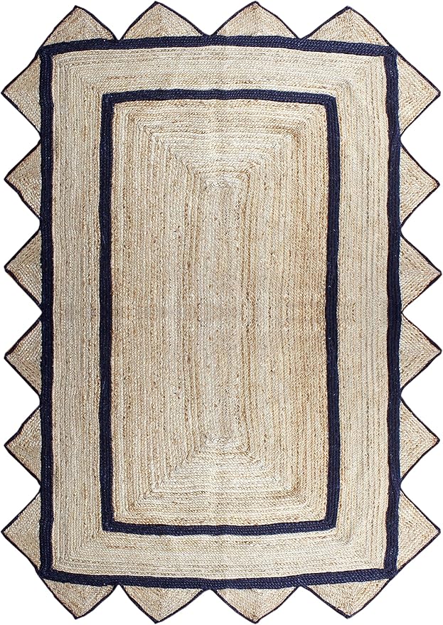 Scalloped Edge Rug, Hand Woven Natural Jute Area Rug, 10x16 Ft Beige & Black Braided Sisal Kilim Rugs for Living Room, Kitchen, Entryway, Farmhouse