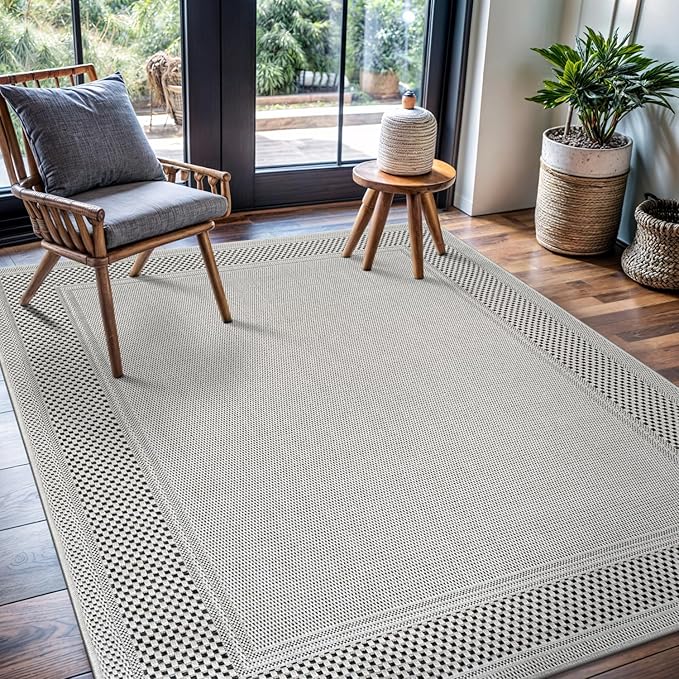 CAMILSON Easy Jute Rug 4x6, Indoor Outdoor Off-White Color Fiber Area Rugs for Living Room Patio and Dining Room Rug, Bordered Boho Woven Design, Easy-Cleaning, Washable Outside Carpet (4 x 6)