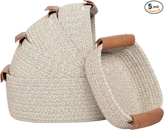 ECDYQXVU 5 Piece Storage Baskets Small Woven Basket with Detachable Leather Handle, Cotton Rope Shelf Baskets for Closet Organizers, Different Sizes Basket Decor, Natural Brown