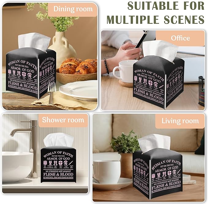 Tissue Box Gifts with Leather Cover Square, Woman of Faith Gift Ideas for Friends, Black Tissue Box, Armor of God, Desk Decor for Bathroom Office, New Home Favor-(5.2 Inches)