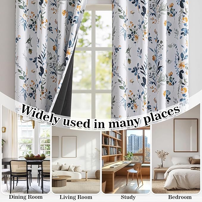 MYSKY HOME 95% Blackout Floral Curtains 95 inch Long 2 Panels for Bedroom Living Room Flower Patterned Room Darkening Thermal Insulated Soundproof Grommet Window Treatments, 52" Wide, Yellow and Blue