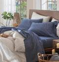 MooMee Bedding Sheet Set 100% Washed Cotton Linen Like Textured Breathable Durable Soft Comfy (Heathered Blue, Full)