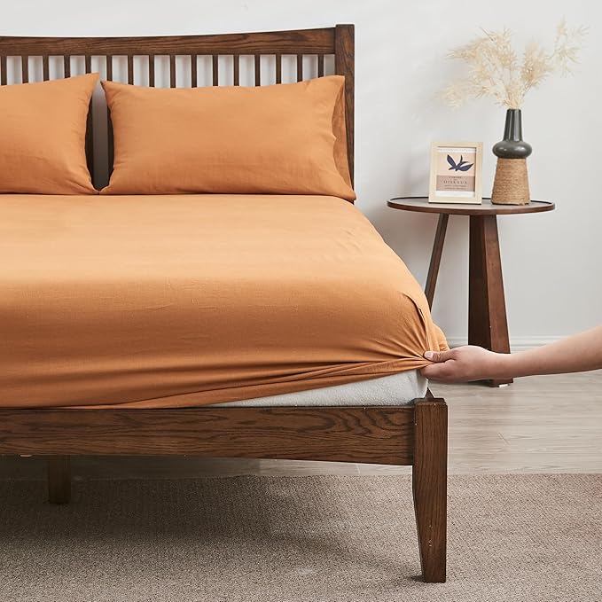 Simple&Opulence Belgian Linen Sheet Set Solid Color - 4 Pieces (1 Flat Sheet, 1 Fitted Sheet & 2 Pillowcases) Natural Flax Cotton Blend Soft Breathable Farmhouse Bedding - King Size, Rust
