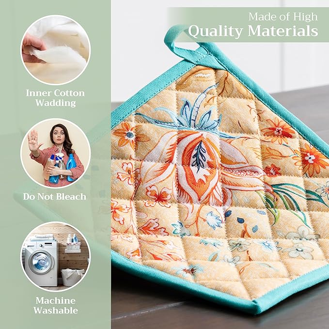Maison d' Hermine Pot Holders Set 100% Cotton Heat Resistant Potholders 8" x 8" Hot Pads with Loop BBQ, Cooking, Grilling, Kitchen, Handling Hot Pans Spring/Summer (Pack of 2, Luxury Loft – Peach)
