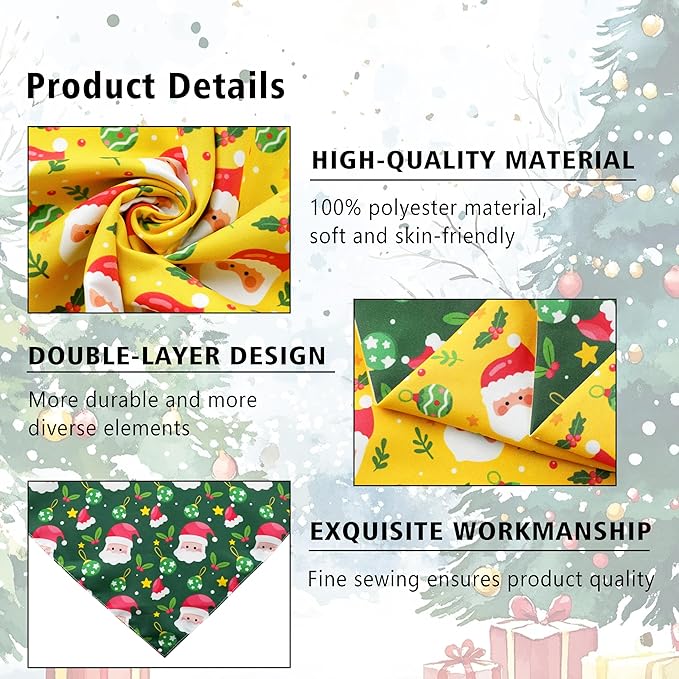 Christmas Dog Bandanas Reversible 2 Pack, Cute Santa Claus Xmas Tree Christmas Pet Bandanas Set Adjustable Triangle Winter Xmas Holiday Scarves for Medium Large Extra Large Boy Girl Dogs