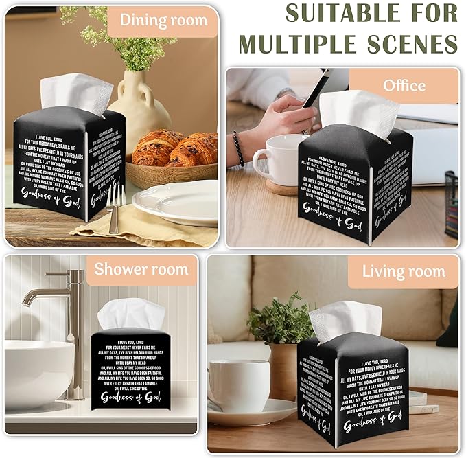 Christian Decorative Tissue Box Cover Square, Black Tissue Box Cover Leather, Inspirational Quote Gift Ideas for Family Friends, Goodness of God Decor for Bathroom Office-(5.2 Inches)