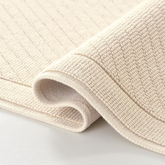 Arkwright 100% Cotton Bathroom Rug - High Absorbent Stylish Textured Woven Design Bath Mat, Slip Resistant Backing for Shower and Bathtub Floor, 20x32 in - Beige