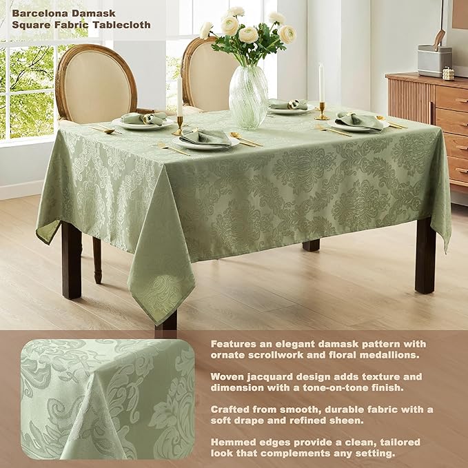 Newbridge Barcelona Damask Fabric Tablecloth, 52 x 52 Inch Square, Sage Green – No Iron, Soil Resistant Table Cover for Dining, Parties and Holidays