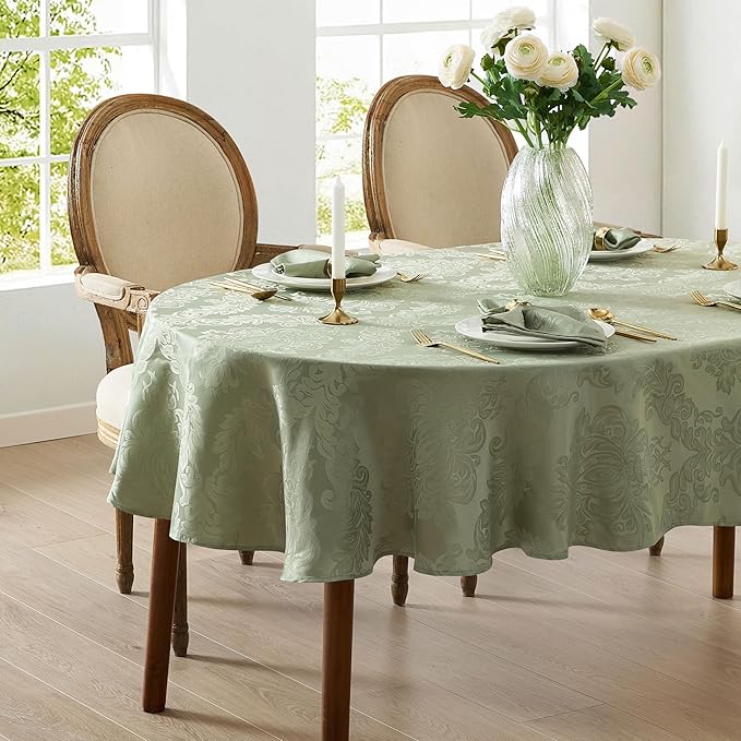 Newbridge Barcelona Damask Fabric Tablecloth, 60 x 84 Inch Oval, Sage Green – No Iron, Soil Resistant Table Cover for Dining, Parties and Holidays